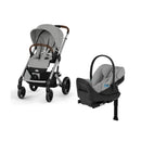 Cybex Balios S Lux stroller in stone grey with brown handle beside Cloud G Pro infant car seat, both showcasing sleek design.