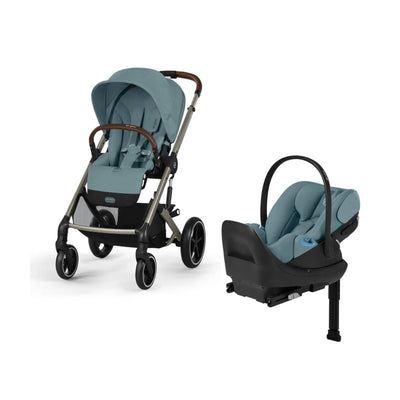 Cybex Balios S Lux stroller and Cloud G Pro infant car seat in Stormy Blue, showcasing a modern design and comfy seating.