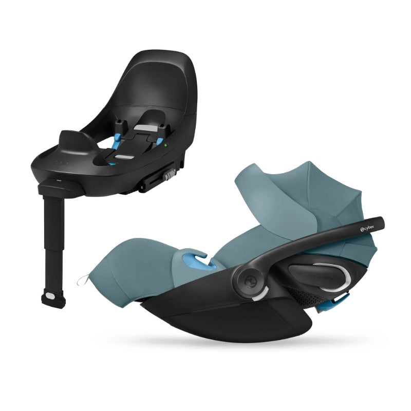Cybex Balios S Lux + Cloud G Pro travel system in Stormy Blue, featuring a car seat and base with safety indicators.
