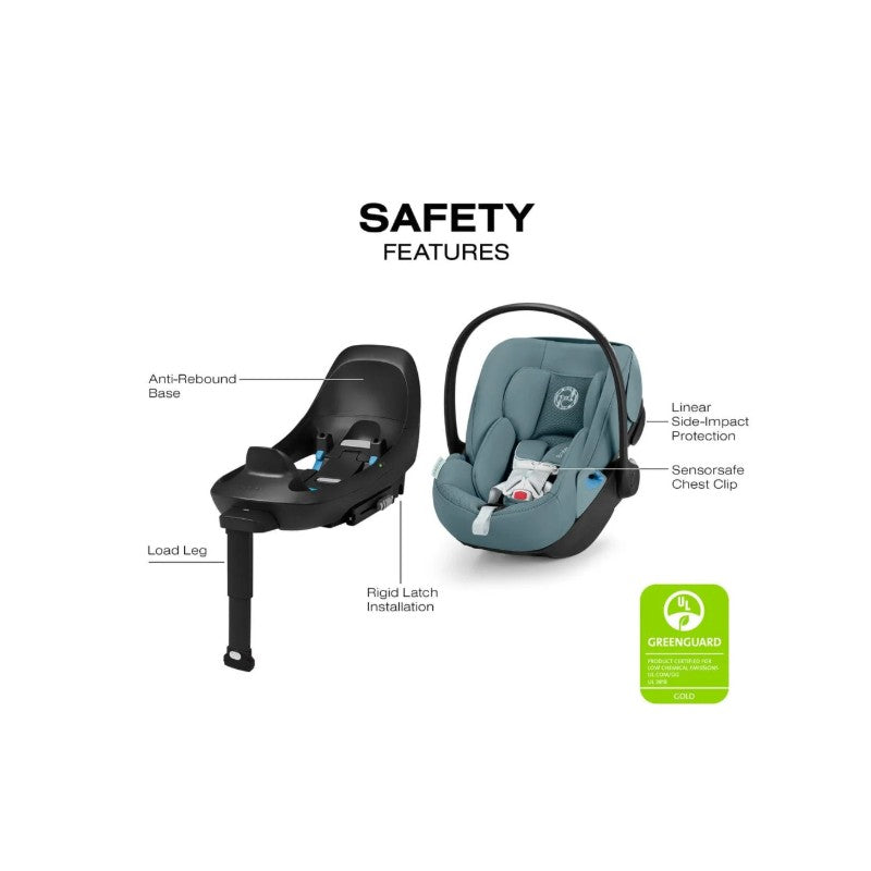 Cybex Balios S Lux + Cloud G Pro Travel System showing a car seat and base with safety features labeled, in Stormy Blue color.