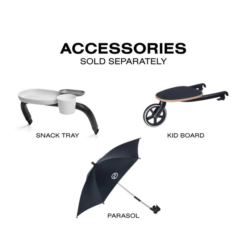Accessories for the Cybex Balios S Lux Stroller: a snack tray with cup holder, a kid board, and a parasol.
