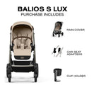 Cybex Balios S Lux Stroller in Almond Beige, with rain cover, car seat adapters, and cup holder included.