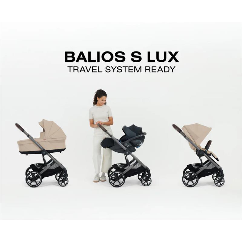 Cybex Balios S Lux stroller in Almond Beige, showcasing different configurations and a woman interacting with it.