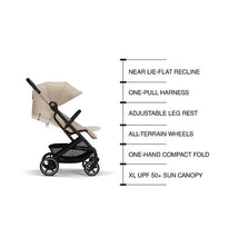 Cybex Beezy 2 Compact City Stroller in Almond Beige with features: near lie-flat recline, one-hand fold, adjustable leg rest, all-terrain wheels, and XL UPF 50+ sun canopy.