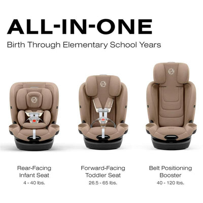 Cybex Callisto G 360° Rotating All-in-One Car Seat in Almond Beige, with configurations for infant, toddler, and booster use.