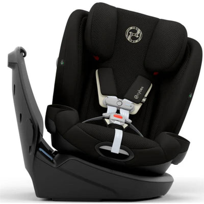 Cybex Callisto G 360° Rotating All-in-One Convertible Car Seat in Moon Black, featuring a safety harness and cushioned side supports.