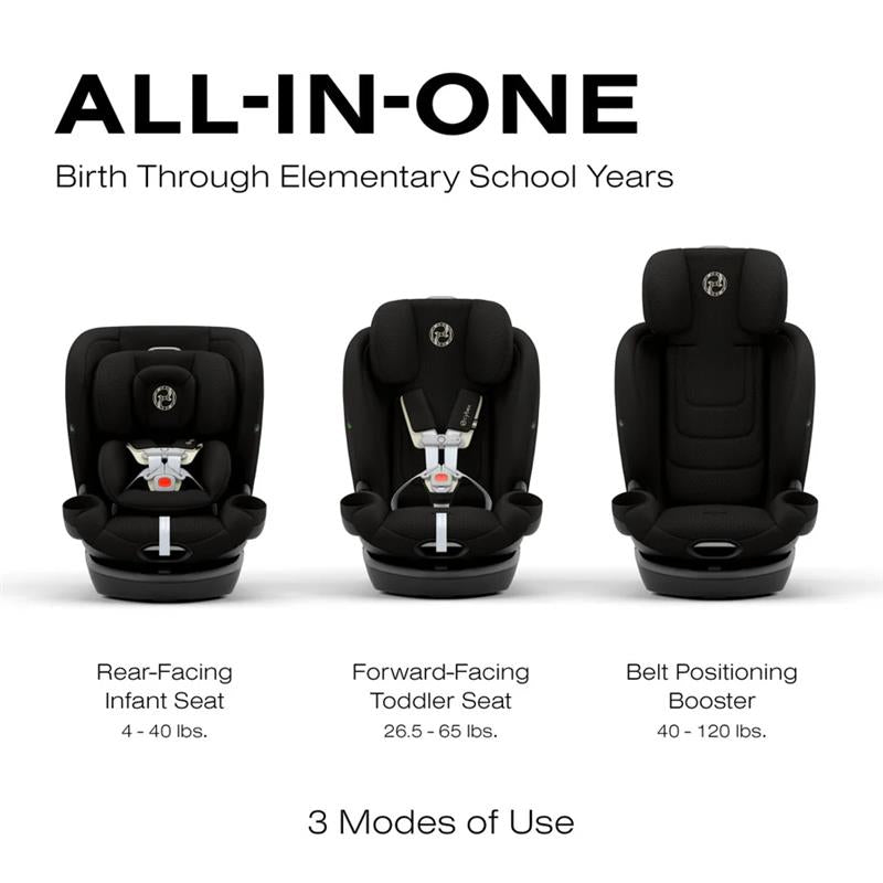 Cybex Callisto G 360° Rotating All-in-One Convertible Car Seat in Moon Black, showing three modes: rear-facing, forward-facing, and booster.