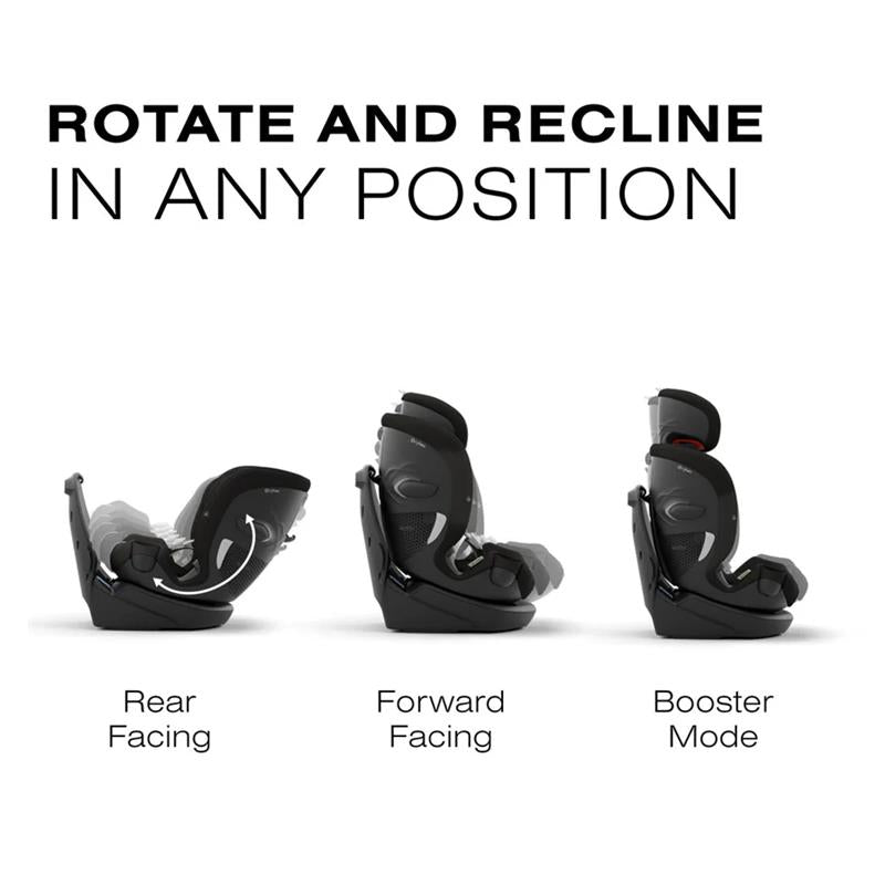 Cybex Callisto G 360° Rotating All-in-One Convertible Car Seat in Moon Black shown in rear facing, forward facing, and booster mode.