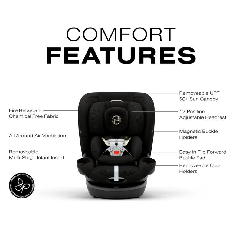 Cybex Callisto G 360° Rotating All-in-One Convertible Car Seat in Moon Black, featuring comfort and safety details.