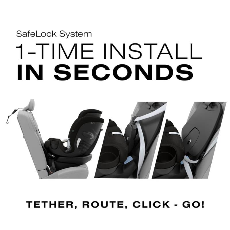 Cybex Callisto G 360° Rotating All-in-One Convertible Car Seat in Moon Black highlighting the SafeLock System and easy install steps.