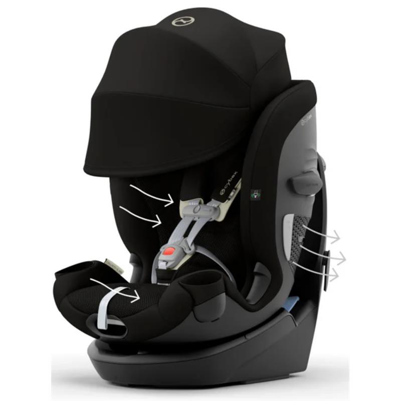 Cybex Callisto G 360° rotating all-in-one convertible car seat in Moon Black, featuring adjustable harness and side ventilation.