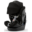 Cybex Callisto G 360° rotating all-in-one convertible car seat in Moon Black, featuring adjustable harness and side ventilation.
