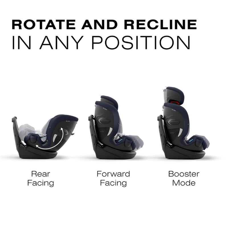 Cybex Callisto G 360° Rotating All-in-One Convertible Car Seat in Ocean Blue, showing rear-facing, forward-facing, and booster modes.