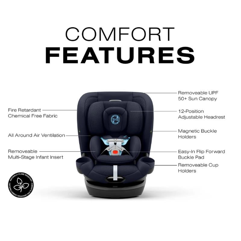 Cybex Callisto G 360° Rotating All-in-One Convertible Car Seat in Ocean Blue with comfort features listed.