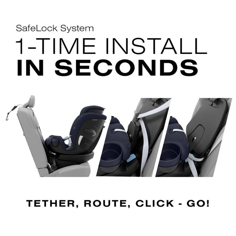 Cybex Callisto G 360° rotating convertible car seat in ocean blue, highlighting SafeLock System and installation instructions.