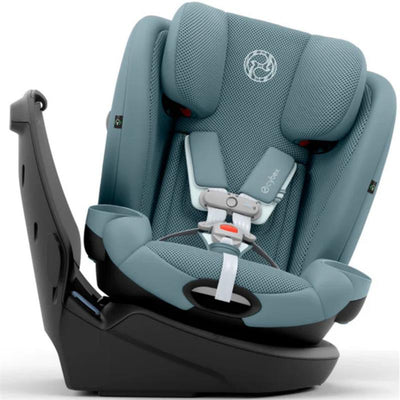 Cybex Callisto G 360° rotating all-in-one convertible car seat in Stormy Blue with safety harness and mesh upholstery.