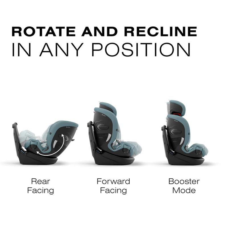 Cybex Callisto G 360° Rotating All-in-One Convertible Car Seat in Stormy Blue, shown in three positions: rear facing, forward facing, and booster mode.