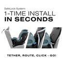 Cybex Callisto G 360° Rotating Convertible Car Seat in Stormy Blue highlighting SafeLock System for quick installation.