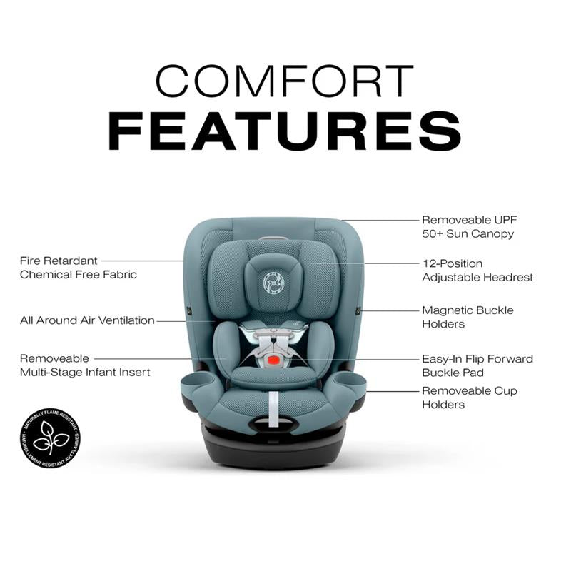 Cybex Callisto G 360° Rotating All-in-One Convertible Car Seat in Stormy Blue, highlighting comfort features and safety details.