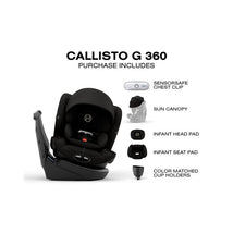 Cybex Callisto G 360 Rotating All-In-One Convertible Car Seat in Nightfall Black with accessories listed, including a sun canopy.