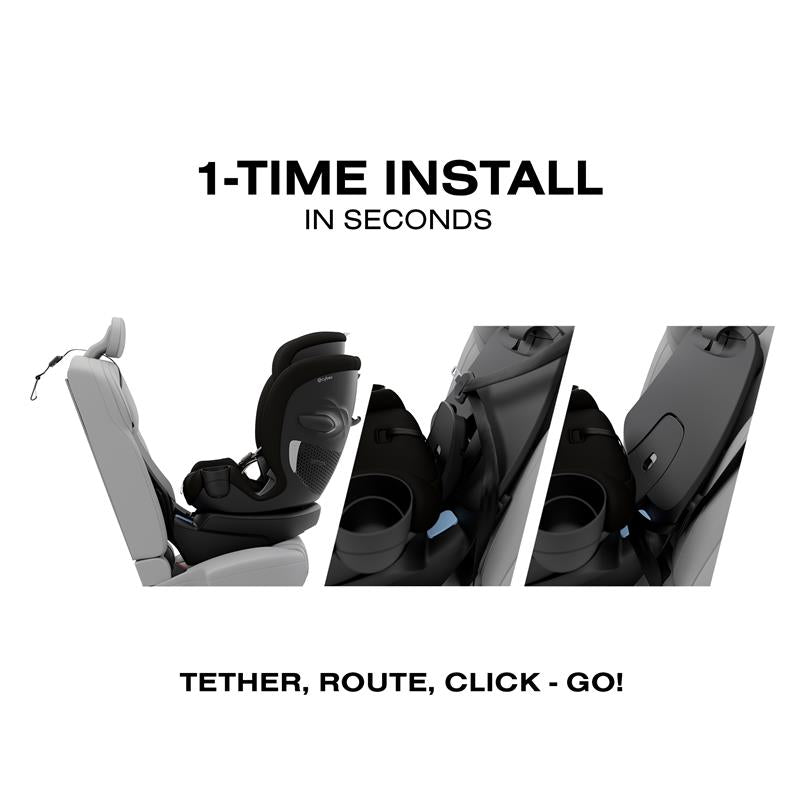 Cybex Callisto G 360 rotating all-in-one convertible car seat in black, showcasing installation steps with text instructions.
