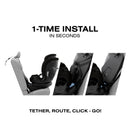 Cybex Callisto G 360 rotating all-in-one convertible car seat in black, showcasing installation steps with text instructions.