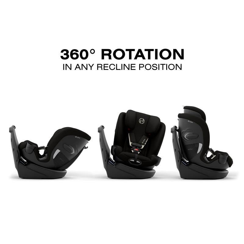 Cybex Callisto G 360 Select Rotating All-In-One Convertible Car Seat in black; shows 360-degree rotation in any recline position.
