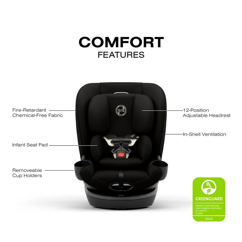 Cybex Callisto G 360 Select Rotating All-In-One Convertible Car Seat in black, featuring adjustable headrest, cup holders, and ventilation.