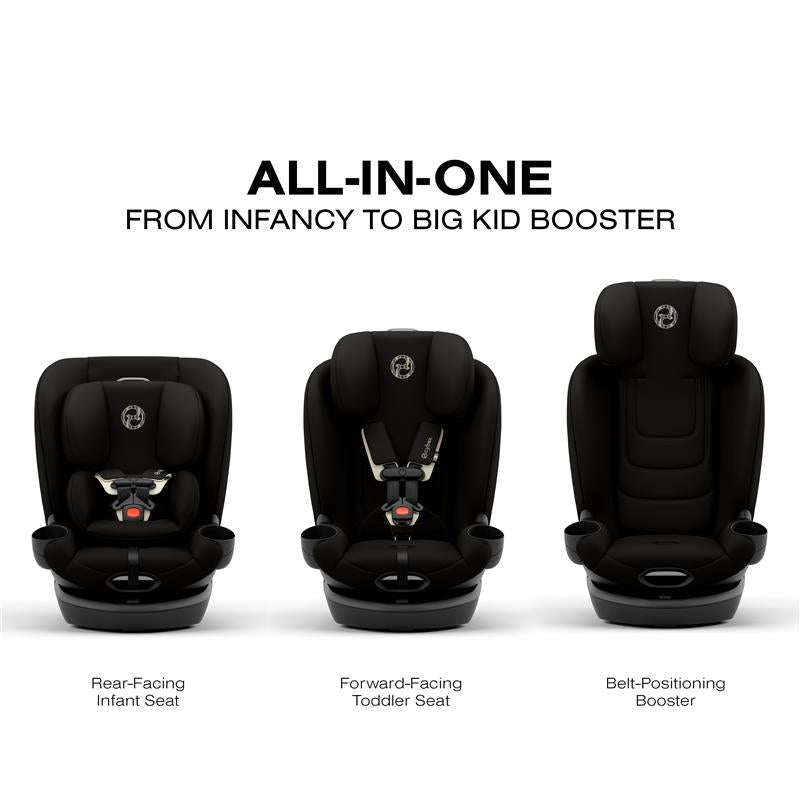 Cybex Callisto G 360 all-in-one convertible car seat in black, shown in three modes: rear-facing infant, forward-facing toddler, and belt-positioning booster.