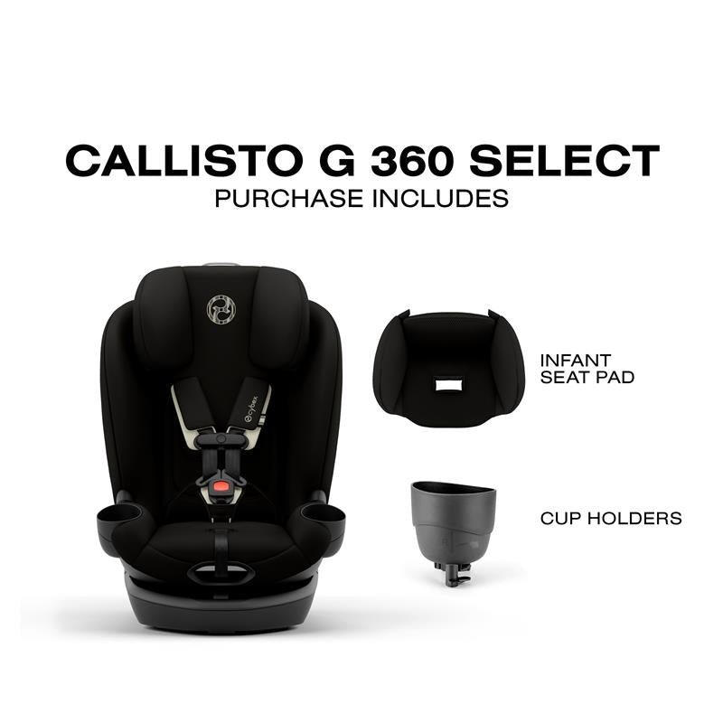 Cybex Callisto G 360 Select Rotating All-In-One Convertible Car Seat in black, includes infant seat pad and cup holders.