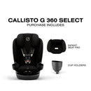 Cybex Callisto G 360 Select Rotating All-In-One Convertible Car Seat in black, includes infant seat pad and cup holders.