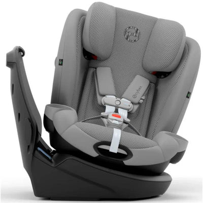 Cybex Callisto G 360° rotating all-in-one convertible car seat in stone grey, featuring a padded design and safety harness.