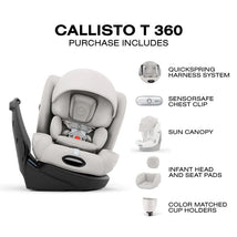 Cybex Callisto T 360 Rotating All-In-One Convertible Car Seat in City Grey, featuring quickspring harness system and included accessories.
