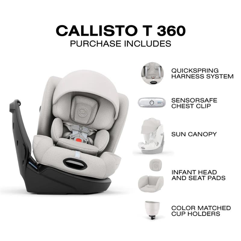 Cybex Callisto T 360 Rotating All-In-One Convertible Car Seat in off white, featuring a QuickSpring harness, SensorSafe clip, sun canopy, and accessories.