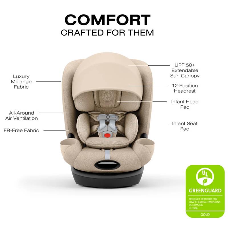Cybex Callisto T 360 Rotating All-In-One Convertible Car Seat in Off White with extended sun canopy, adjustable headrest, and safety features.