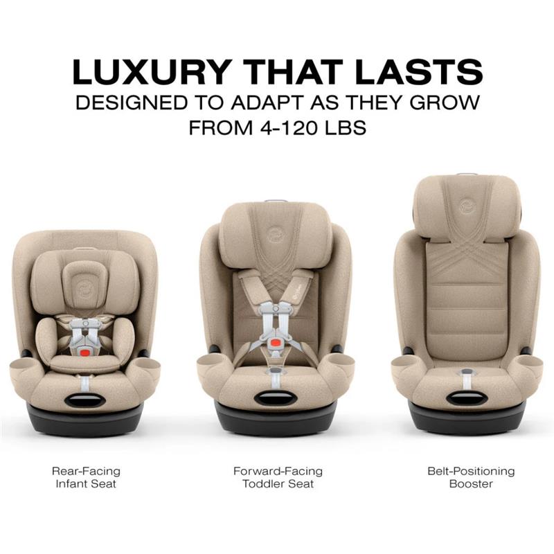 Cybex Callisto T 360 Rotating All-In-One Convertible Car Seat in off white; three configurations: rear-facing infant, forward-facing toddler, belt-positioning booster.
