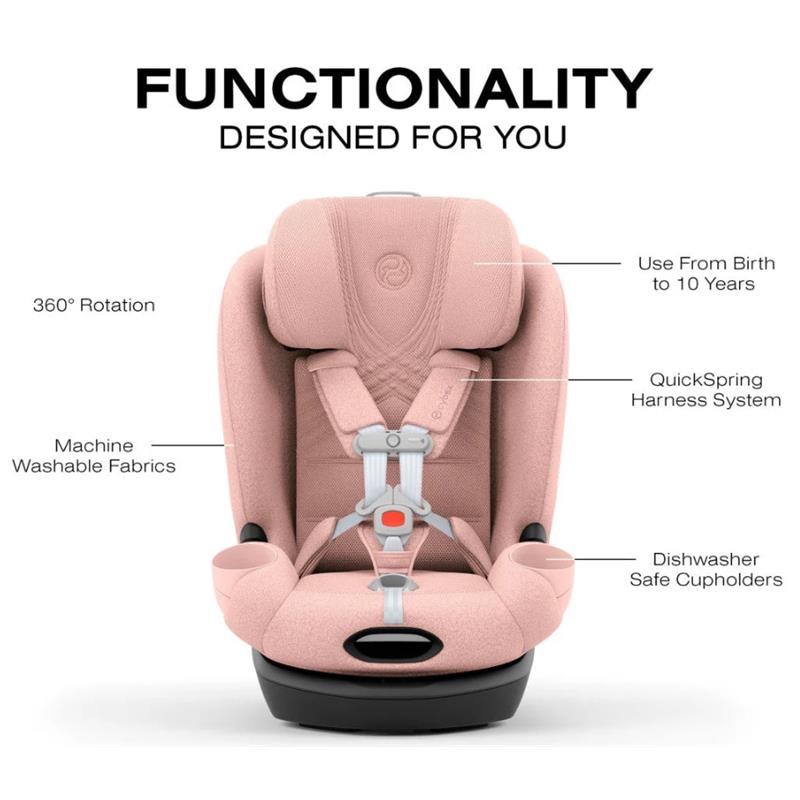 Cybex Callisto T 360 Rotating All-In-One Convertible Car Seat in Peach Pink with features labeled, including 360° rotation and machine washable fabrics.
