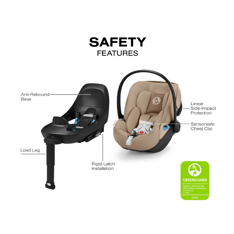 Cybex Cloud G Pro Comfort Extend infant car seat in Almond Beige, featuring safety labels and details for installation and protection.