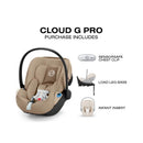 Cybex Cloud G Pro Comfort Extend Infant Car Seat in Almond Beige, featuring a harness and included accessories: SensorSafe chest clip, load leg base, and infant insert.