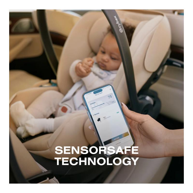 Cybex Cloud G Pro Comfort Extend Infant Car Seat in Almond Beige with a baby and a smartphone displaying SensorSafe technology.