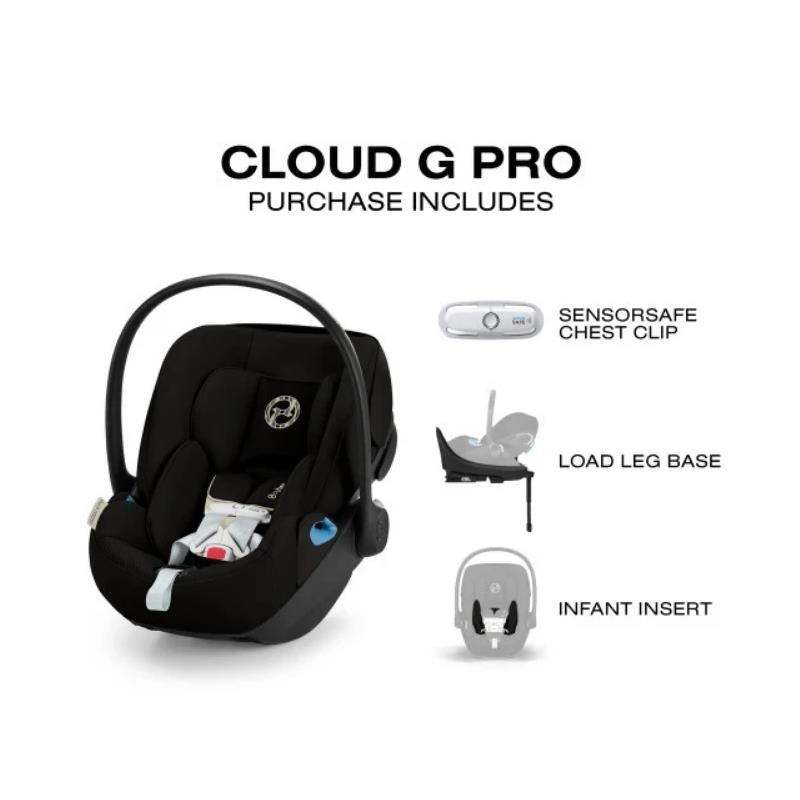 Cybex Cloud G Pro Comfort Extend Infant Car Seat in Moon Black with key features: SensorSafe Chest Clip, Load Leg Base, and Infant Insert.