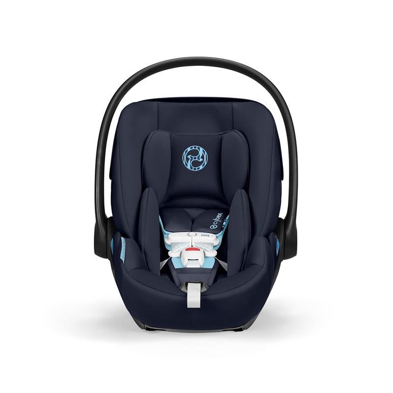 Cybex Cloud G Pro Comfort Extend Infant Car Seat in Ocean Blue, featuring a mesh design, safety harness, and ergonomic handle.