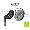 Cybex Cloud G Pro Comfort Extend Infant Car Seat in Stone Grey, featuring safety labels and highlighted features like Anti-Rebound Base.