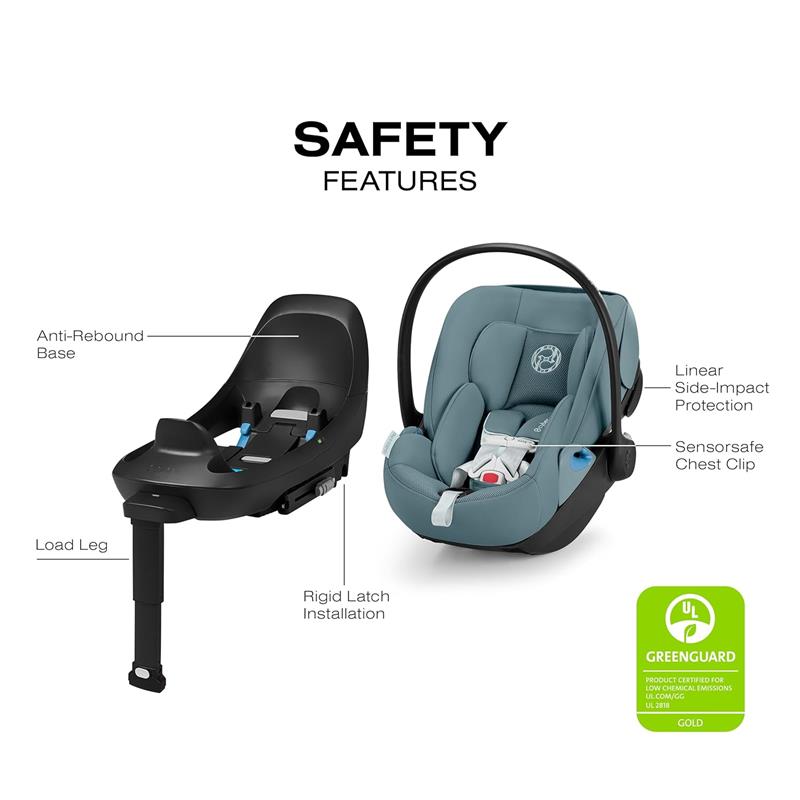 Cybex Cloud G Pro Comfort Extend Infant Car Seat in Stormy Blue with an anti-rebound base, linear side-impact protection, and load leg.