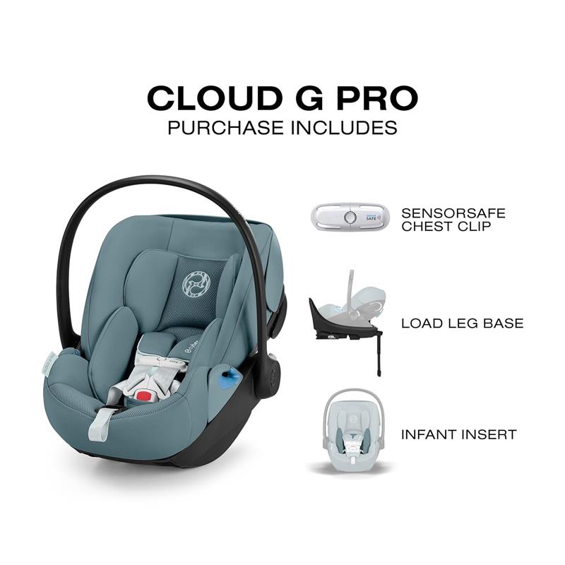 Cybex Cloud G Pro Comfort Extend Infant Car Seat in Stormy Blue, with included SensorSafe chest clip, load leg base, and infant insert.