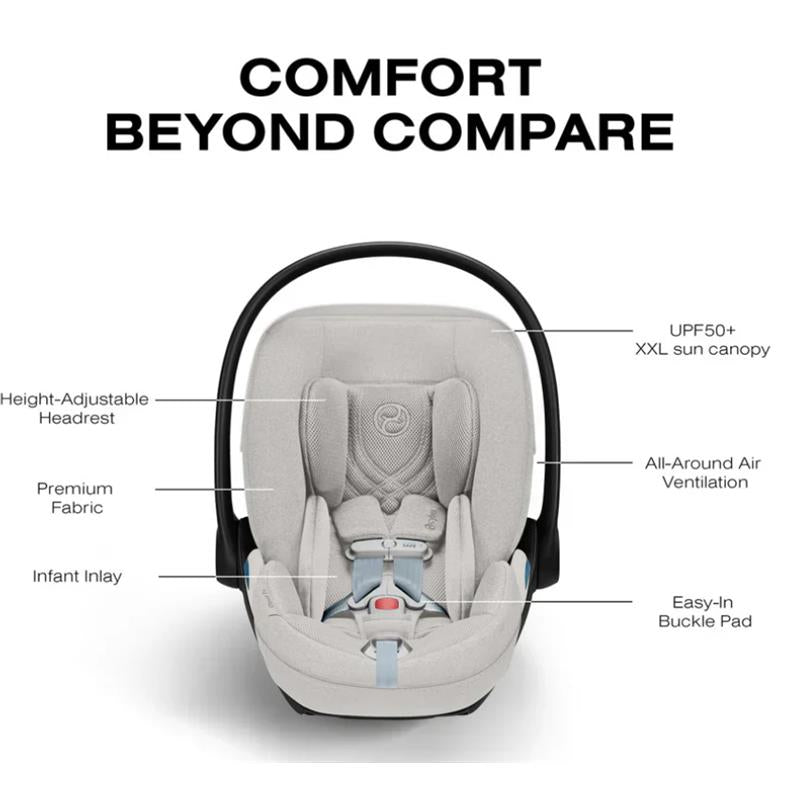 Cybex Cloud T Comfort Extend Infant Car Seat in City Grey with height-adjustable headrest, premium fabric, and safety features.