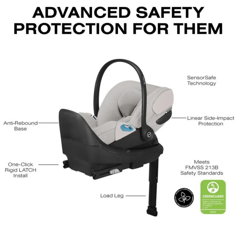 Cybex Cloud T Comfort Extend Infant Car Seat in City Grey, featuring SensorSafe technology and anti-rebound base.
