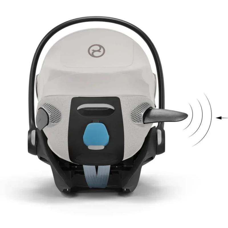 Cybex Cloud T Comfort Extend Infant Car Seat in City Grey, featuring a blue safety button and a visible sensor.