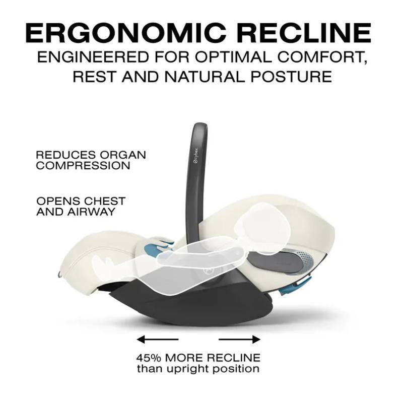 Cybex Cloud T Comfort Extend Infant Car Seat in off-white, featuring ergonomic recline for comfort, reducing organ compression.