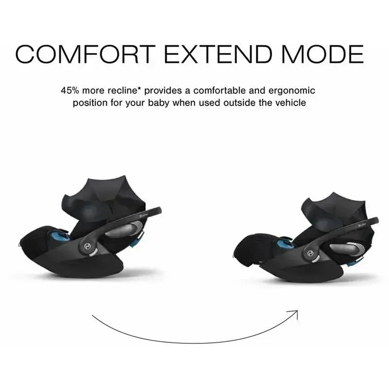 Cybex Cloud T Infant Car Seat in Sepia Black, showcasing Comfort Extend Mode with ergonomic reclining position for babies.